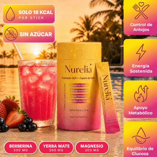 Bebida con Berberina para Soporte GLP-1 y Control de Antojos, Sabor Fresa Açaí, 30 sticks – NURELIA™